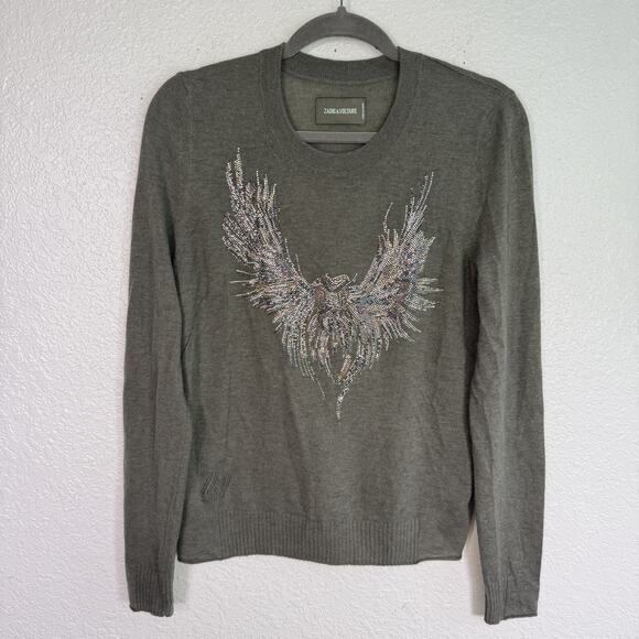 Zadig & Voltaire Cashmere Sweater Womens Medium Miss Crystal Eagle Rhinestones - Picture 1 of 11